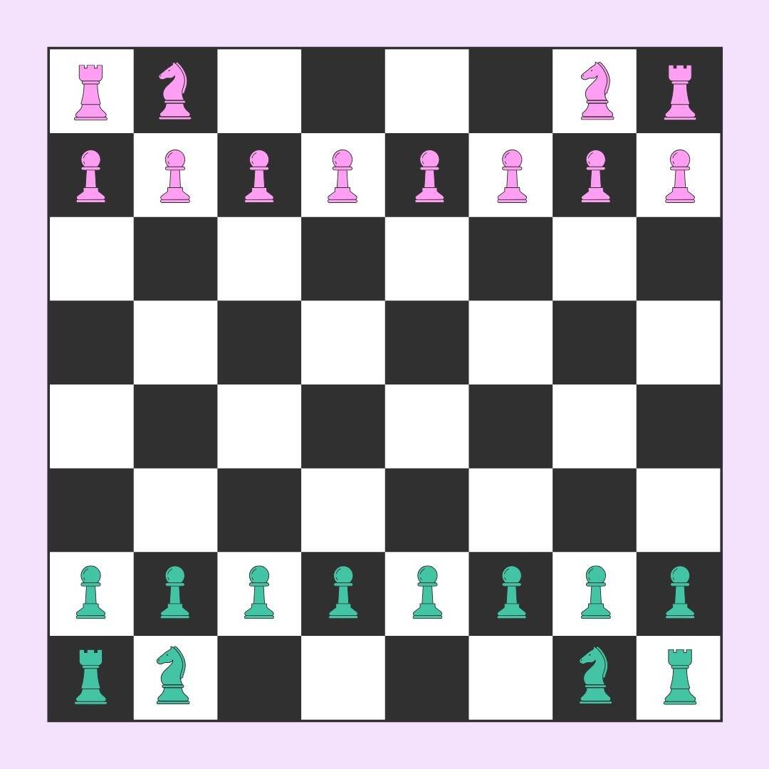 Un tablero de ajedrez colorido con piezas verde azulado y rosa, listo para un juego, sobre un fondo violeta pastel en el que faltan algunas piezas.