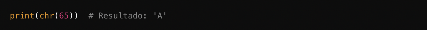 Fragmento de c&oacute;digo que muestra una funci&oacute;n de Python que convierte el n&uacute;mero 65 en su correspondiente car&aacute;cter ASCII, &ldquo;A&rdquo;.