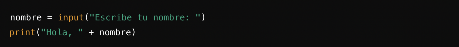 Una captura de pantalla de c&oacute;digo en espa&ntilde;ol que pide un nombre y luego imprime un saludo usando ese nombre.