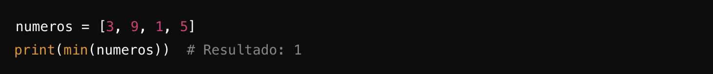 Fragmento de c&oacute;digo que muestra una lista de n&uacute;meros en Python y la salida del valor m&iacute;nimo, que es 1.